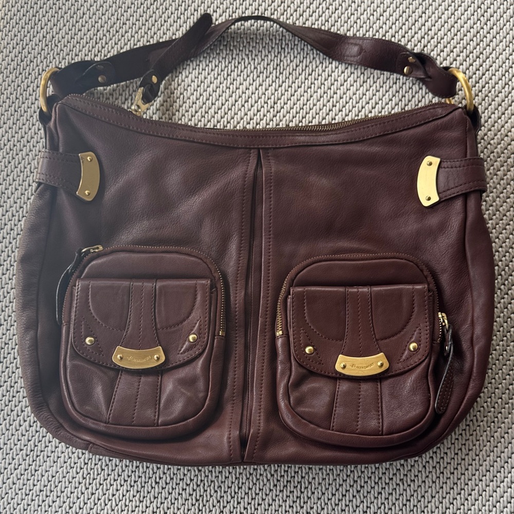 B. Makowsky Dark Brown Leather Shoulder Bag with Gold Accents